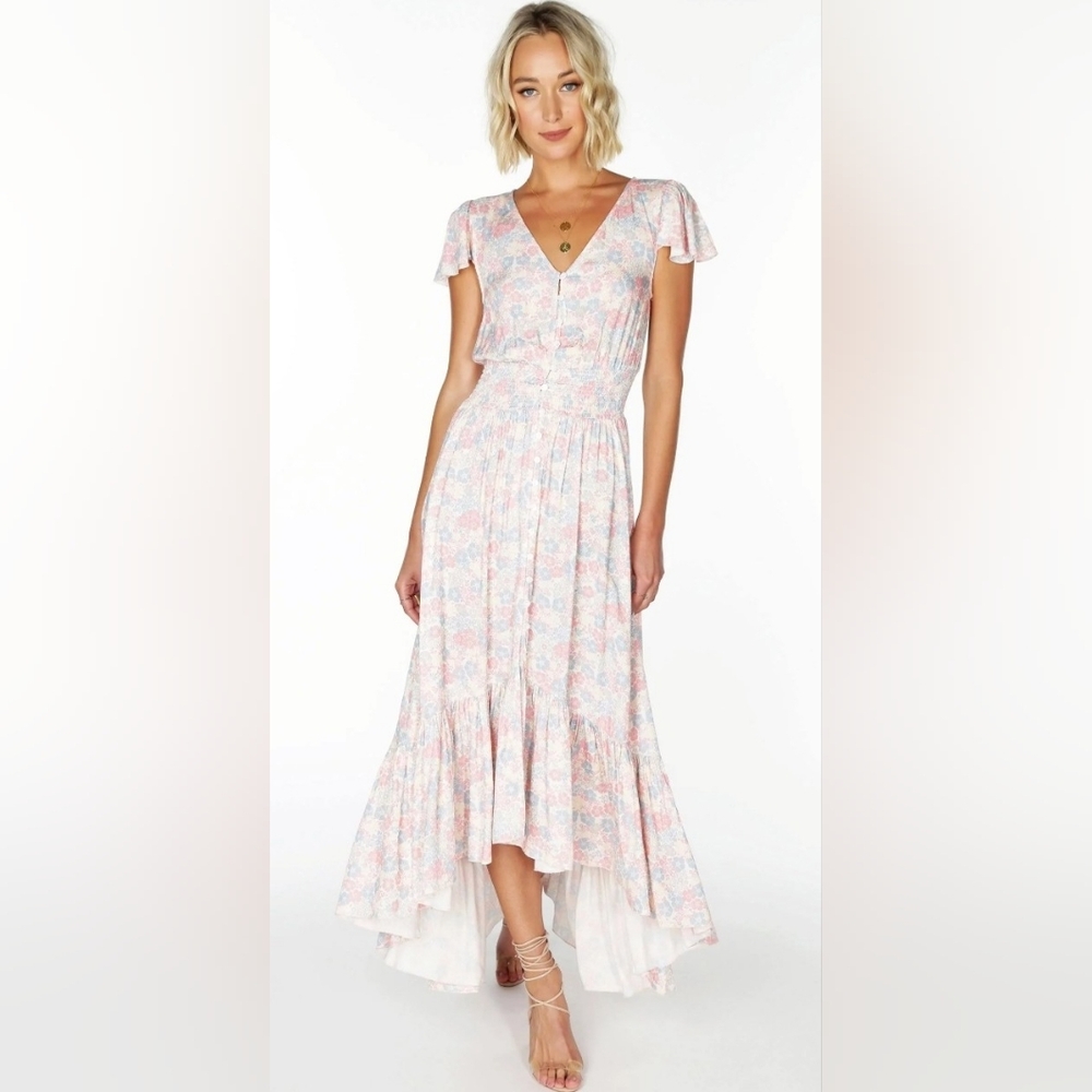NWT! Luxe Bobi Anthro Pastel Chic Floral Print Ruffled Cottagecore Maxi Dress XS - Picture 16 of 16
